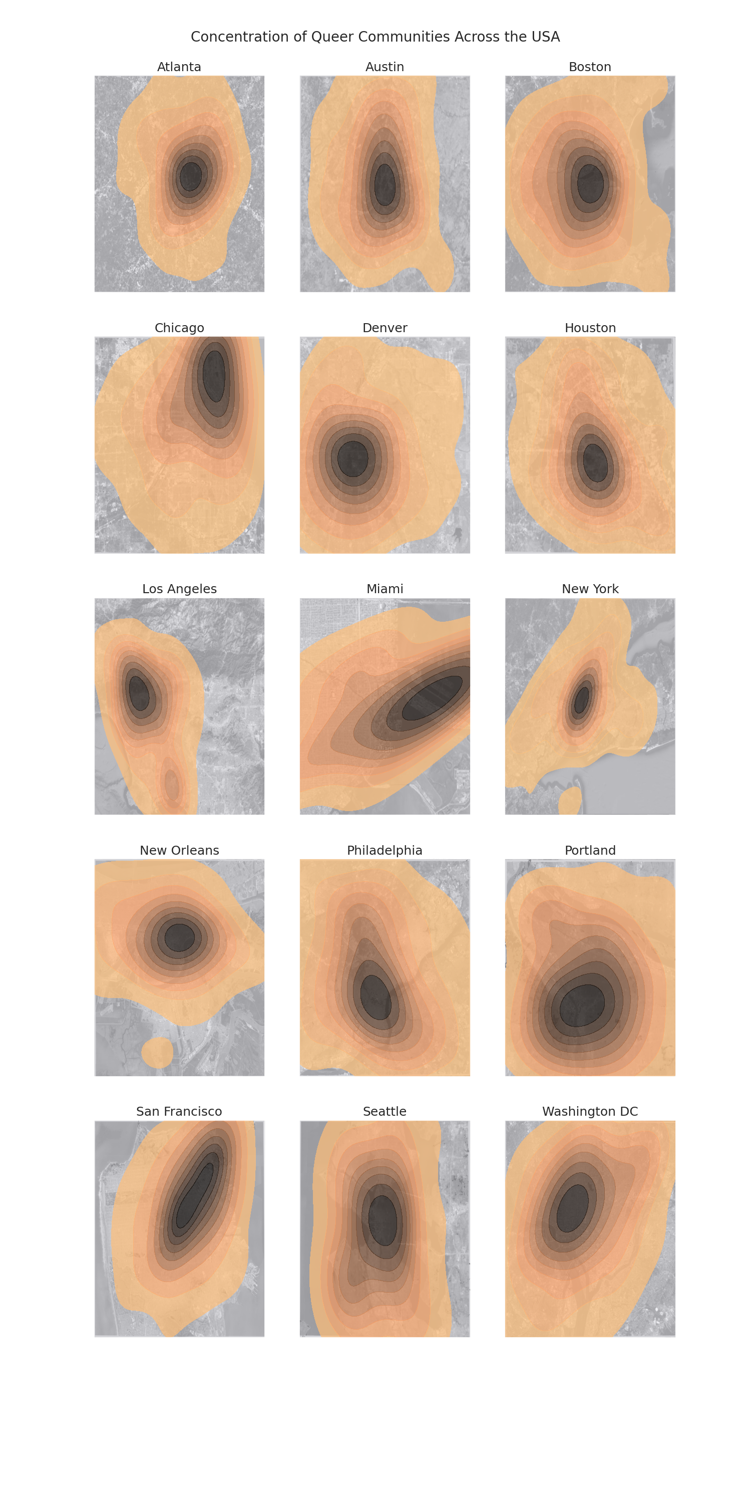 15 topographical graphs illustrating queer concentration in 15 American cities