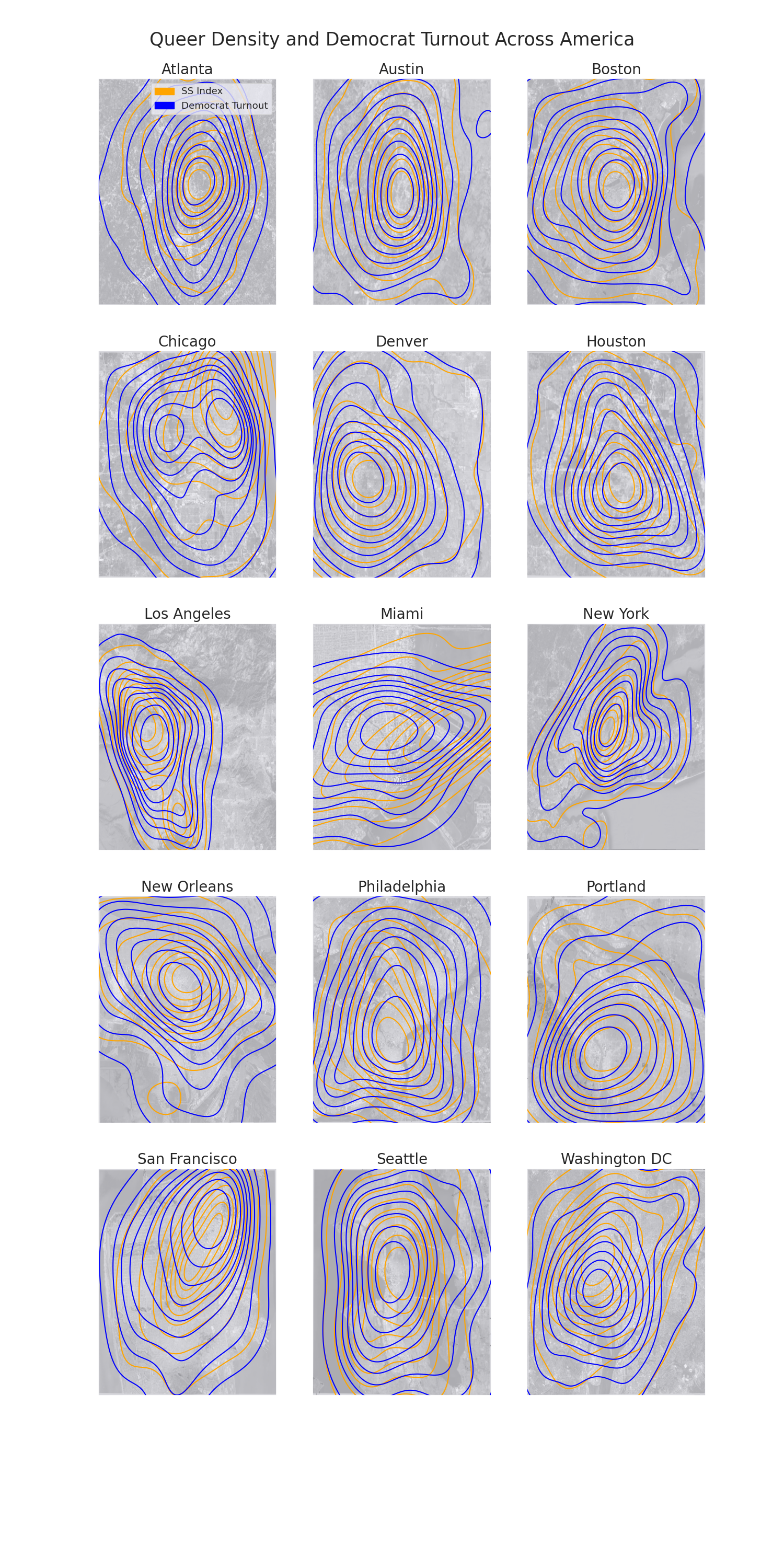 Overlapping topographical maps for queer and democrat density in 15 cities in the US